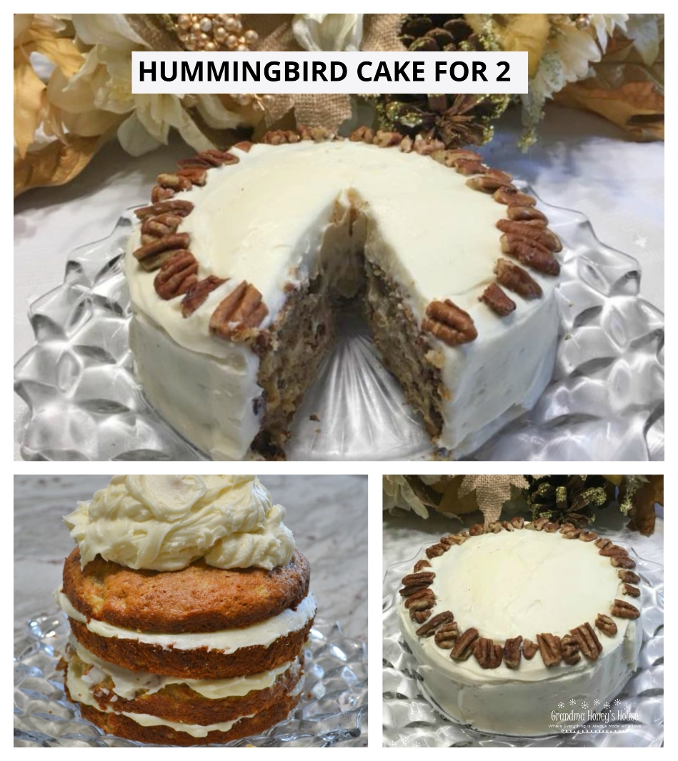 Hummingbird Cake for 2 is a scaled down version of the famous Southern Living Cake of 40 years ago. Rich flavor from the cream cheese icing to batter with pineapples, bananas and pecans. 