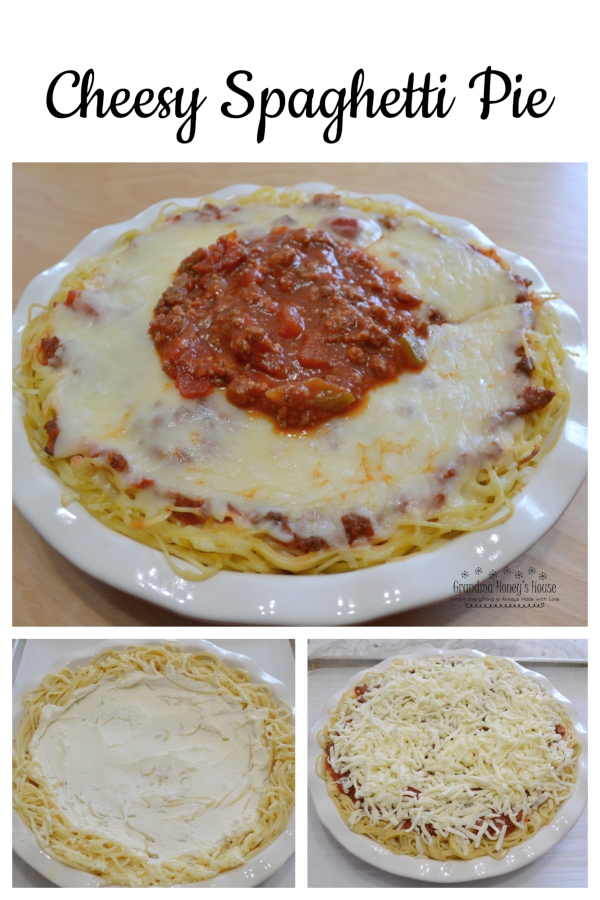 Cheesy Spaghetti Pie is baked in a deep dish pie plate with a crust of spaghetti, a layer of ricotta ,then topped with homemade pasta sauce and mozzarella cheese.