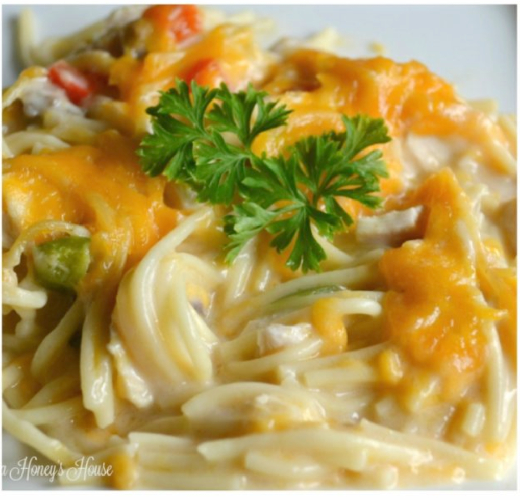 Creamy Chicken Spaghetti, a quick and easy dinner made with rotisserie chicken. Great to serve a crowd.