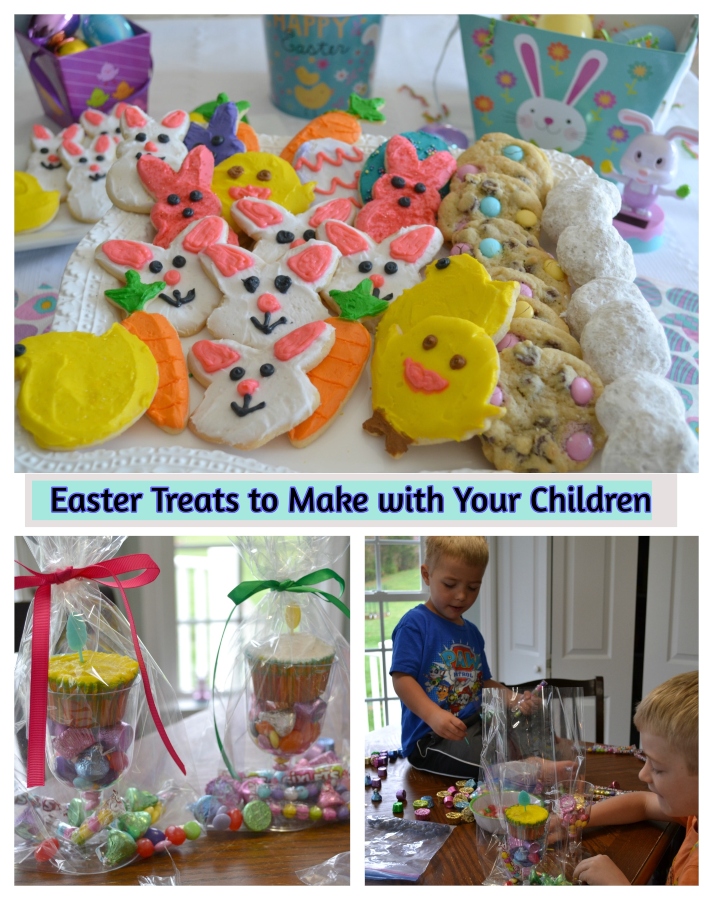 Easter treats to make with your children. Decorated sugar cookies candy bags, cupcakes