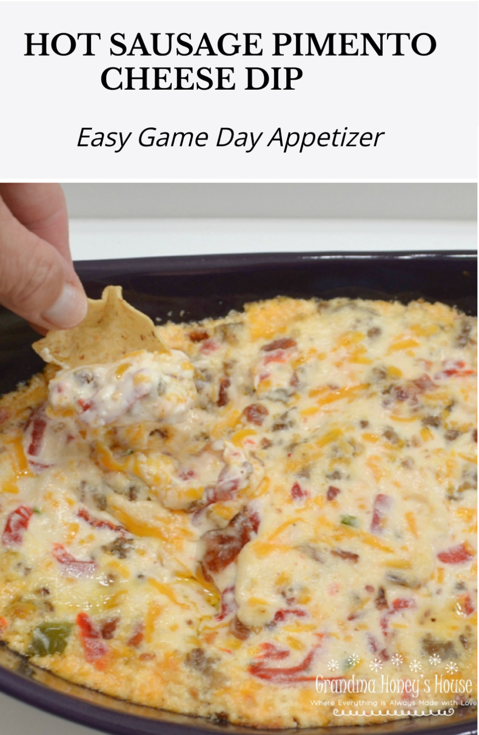 This Hot Pimento-Sausage Dip is perfect for any party. This dip has a pimento cheese base, with bacon, jalapenos, and sausage added. 