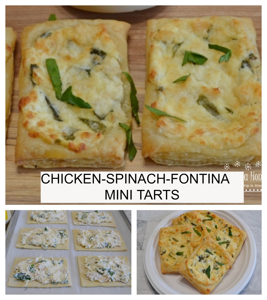 Chicken-Spinach-Fontina Mini Tarts are a delicious appetizer made with puff pastry and a chicken and cheese filling.