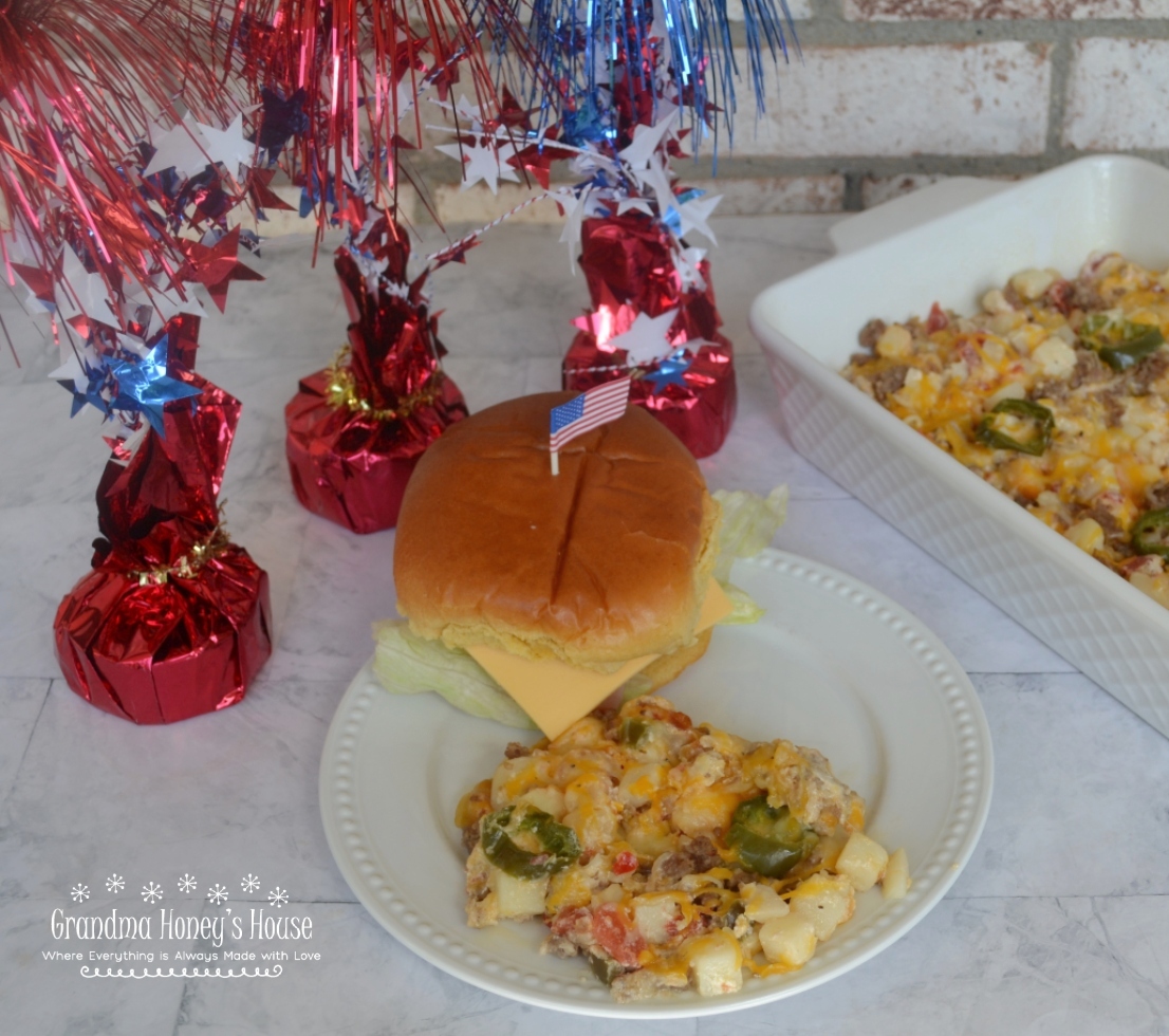 Firecracker Potato Casserole has Frozen Potatoes O Brien,  Rotel,  spicy sausage, sour cream, butter, jalapenos, and lots of cheese. Perfect for BBQ's.