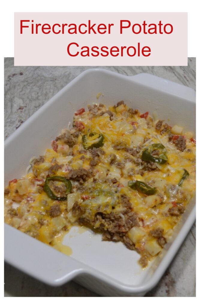 Firecracker Potato Casserole has Frozen Potatoes O Brien,  Rotel,  spicy sausage, sour cream, butter, jalapenos, and lots of cheese. Perfect for BBQ's.