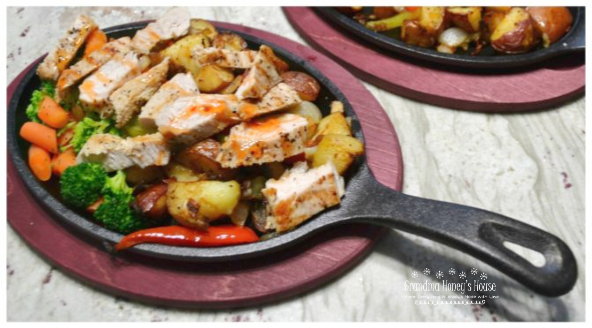 Sizzlin Turkey Cutlet Skillet. A healthy, colorful skillet dinner of fresh veggies, grilled turkey cutlets served on a cast iron skillet and drizzled with sweet chili sauce.