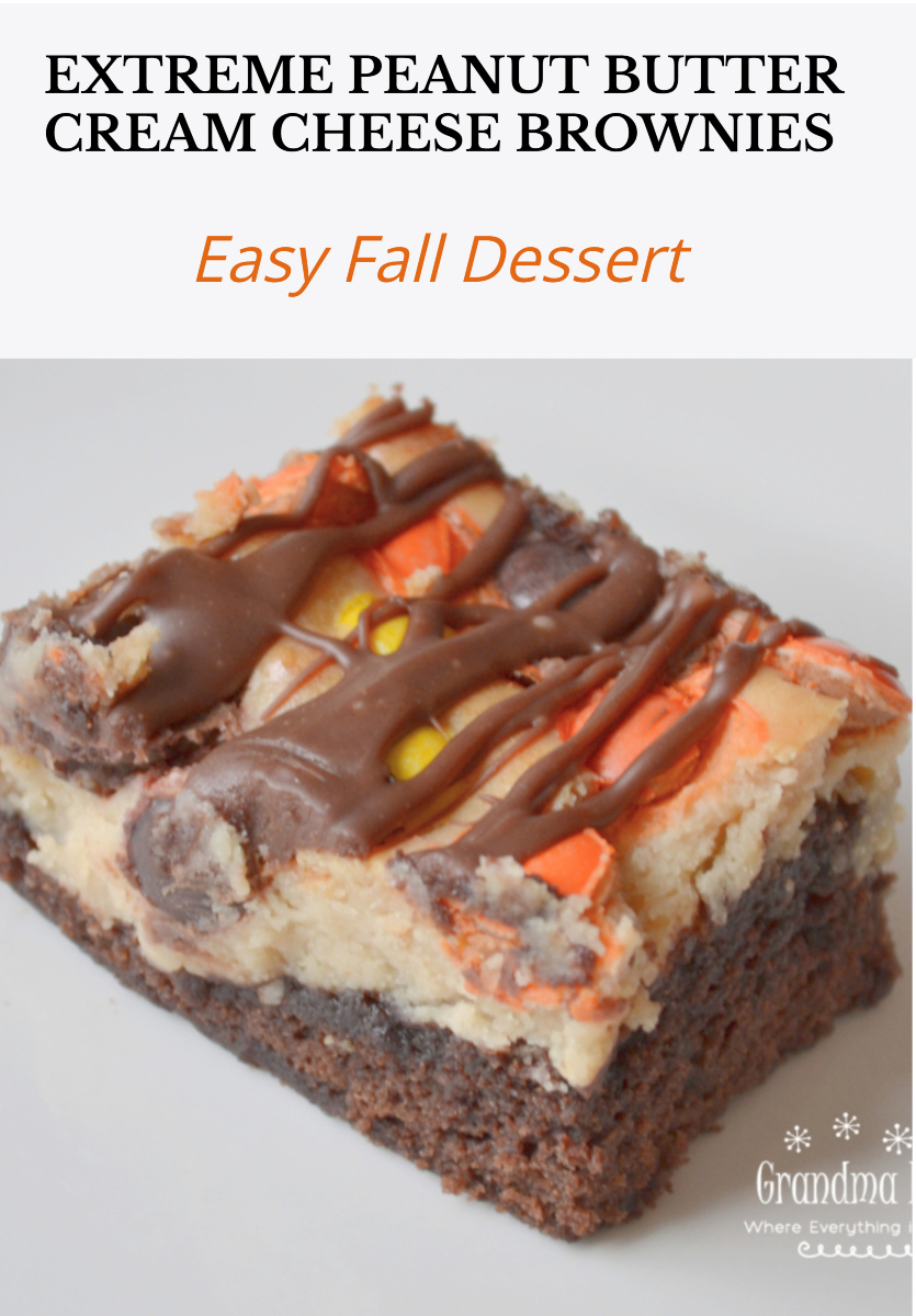Extreme Peanut Butter Cream Cheese Brownies are extreme because they are a decadent brownie dessert, loaded with a peanut butter cream cheese layer, and then topped with a bag of Reese’s Baking Cups and Reese’s Pieces Candies