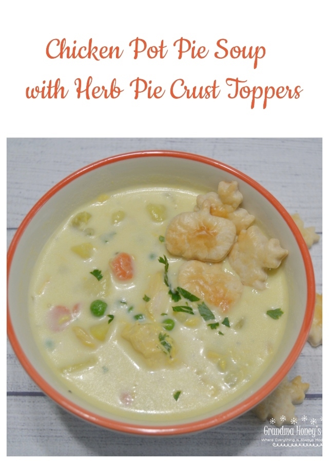 Chicken Pot Pie Soup loaded with chicken,veggies,a creamy broth and topped with herb flavored pie crust toppers.