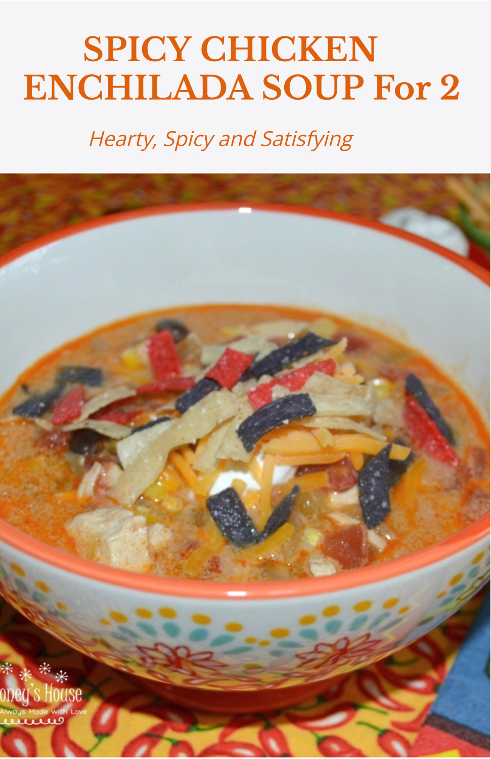 This Spicy Chicken Enchilada Soup is a flavorful, hearty soup with chicken, black beans, corn, tomatoes, green chilies, and enchilada sauce. It has plenty of Mexican-inspired flavor and a little kick of heat.