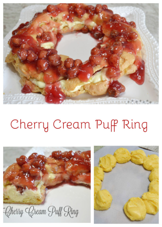 Cherry Cream Puff Ring, Inspired by a cherished family recipe, this cream puff ring is made with a light, airy pastry and filled with a creamy pudding mixture, then topped with sweet cherry pie filling. It’s a stunning dessert that looks impressive on any table but is surprisingly simple to make.