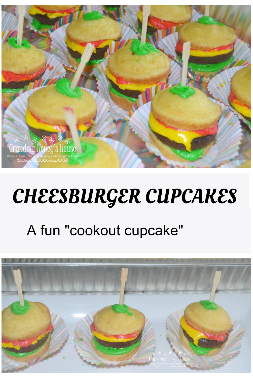 Cookout Cupcakes are a fun and tasty summertime dessert. Cupcakes are decorated to look like a cheeseburger. Loved by adults as well as children.