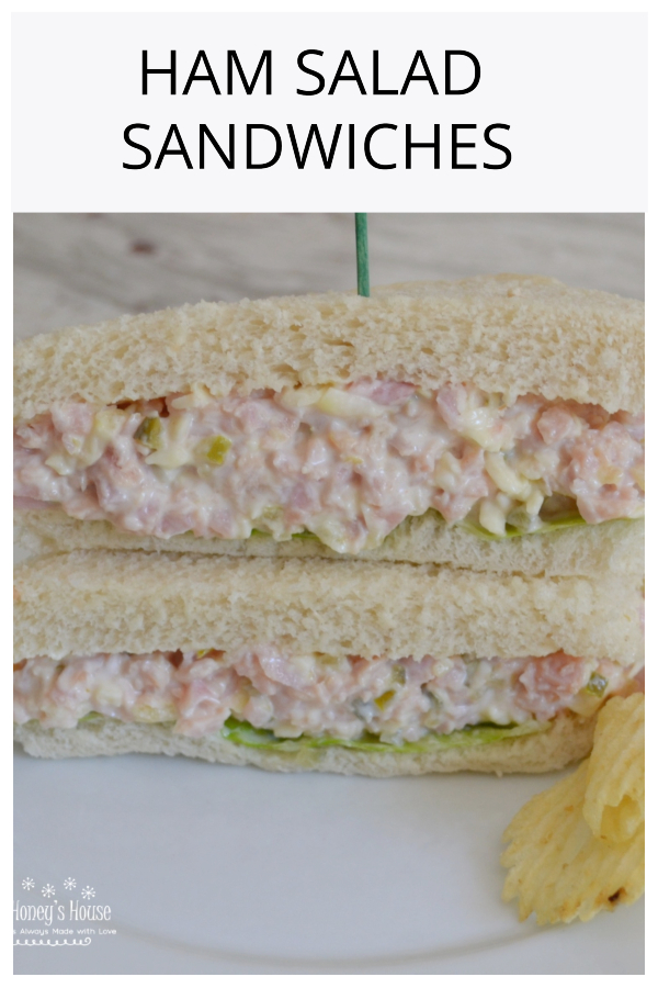 These ham salad sandwiches are made with cooked ham, dijon mustard, mayonnaise, swiss cheese, and sweet relish