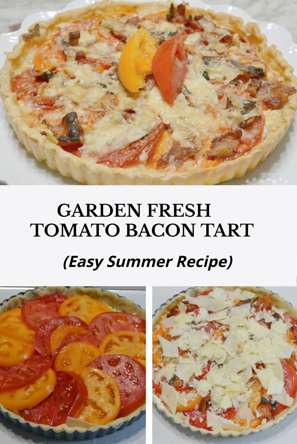 This Garden Fresh Tomato Bacon Tart is an easy and delicious way to use fresh summer tomatoes. Made with a flaky crust, creamy chive and onion cheese, crispy bacon, and melted fontina, this savory tart is perfect for brunch, lunch, or entertaining. Simple ingredients, beautiful presentation, and so much flavor!