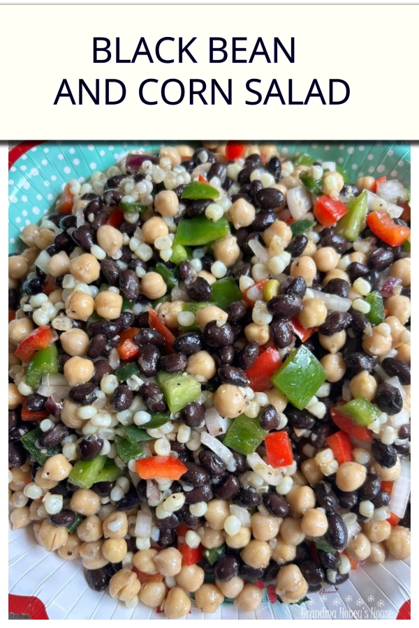 Black Bean and Corn Salad is perfect.  It is low fat, colorful, full of veggies, and is coated with a delicious red wine, garlic, and olive oil dressing.