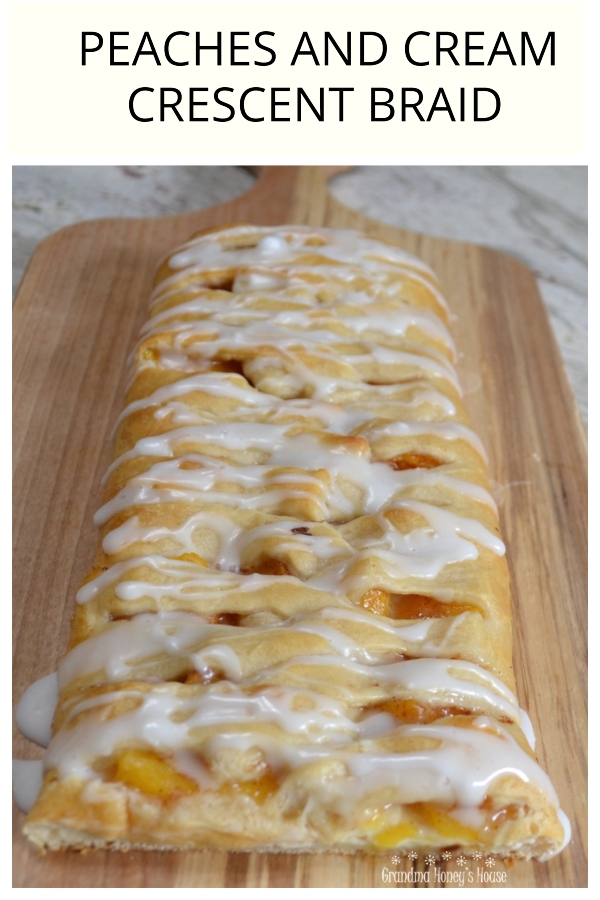 Peaches and Cream Crescent Braid...fresh peaches, cream cheese, sugar and cinnamon baked in a crescent  crust with a sweet glaze drizzled over it. 