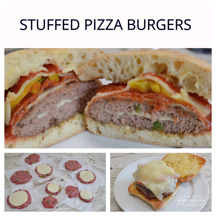 Pizza Burgers are seasoned ground beef patties, layered with mozzarella cheese, pepperoni, veggies, and topped with spoonfuls of warm pizza sauce. Serve on a garlic butter toasted bun.