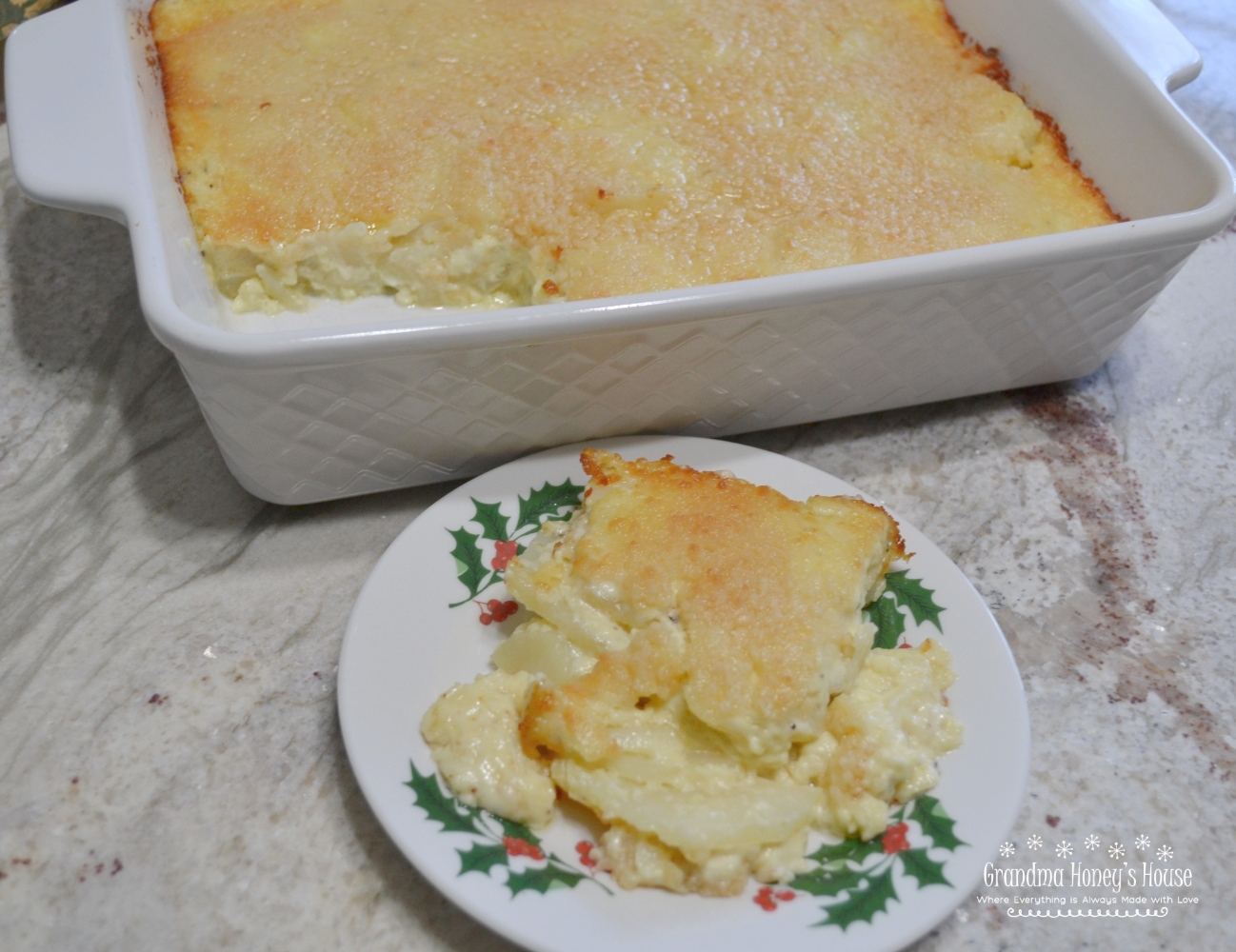 Greenbrier Garlic Potatoes are thinly sliced potatoes simmered in heavy cream, with fresh garlic, seasonings, eggs, and fresh parmesan cheese. They are then baked in this creamy sauce.