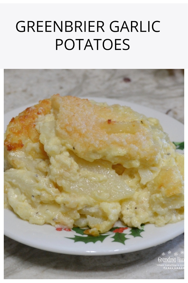 Greenbrier Garlic Potatoes are thinly sliced potatoes simmered in heavy cream, with fresh garlic, seasonings, eggs, and fresh parmesan cheese. They are then baked in this creamy sauce.