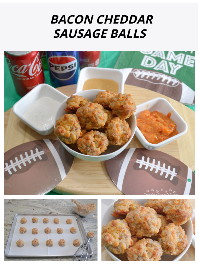 Bacon Cheddar Sausage Balls are a cheesy, savory appetizer made with sausage, cream cheese, cheddar cheese and a bacon cheddar biscuit mix. Perfect to serve at any get together