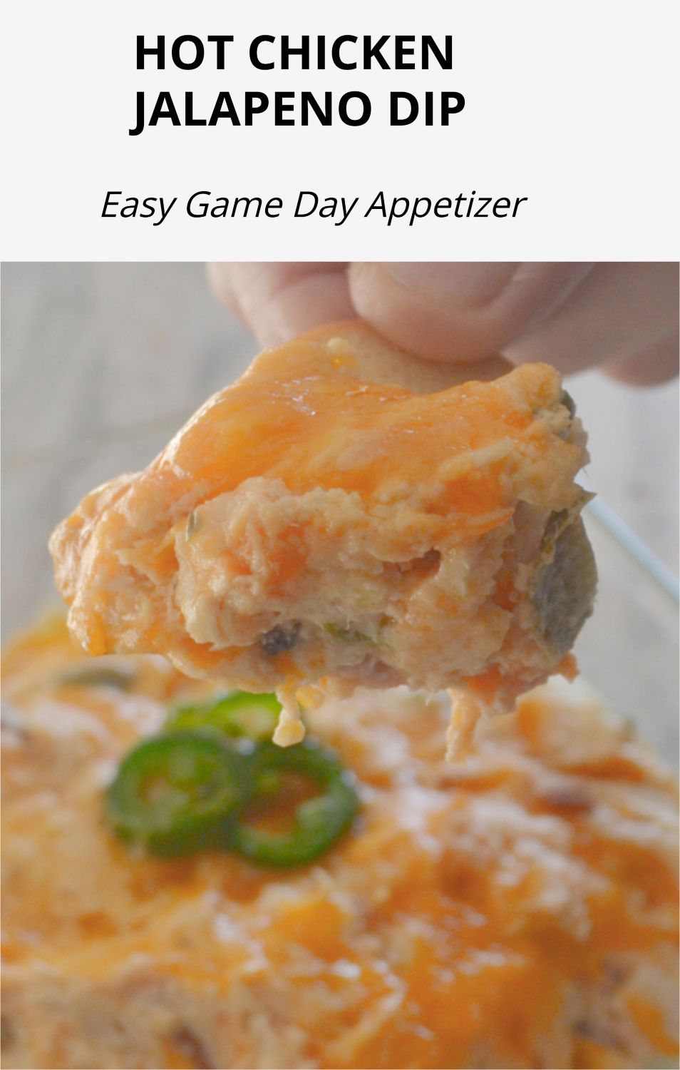 Hot Chicken Jalapeño Dip is a creamy, cheesy game day appetizer made with rotisserie chicken, bacon, sharp cheddar, cream cheese, sour cream and fresh jalapeños. This easy jalapeño popper-inspired chicken dip can be prepared ahead of time and baked just before serving. Perfect for football parties, tailgating, family gatherings and holiday appetizers.