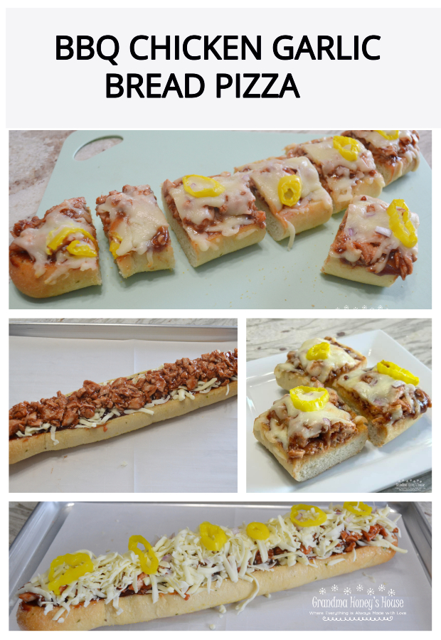 BBQ Chicken Garlic Bread Pizza ...frozen loaves of garlic bread, topped with  BBQ chicken, cheese, red onions, and banana peppers,  baked, and ready to serve in minutes.