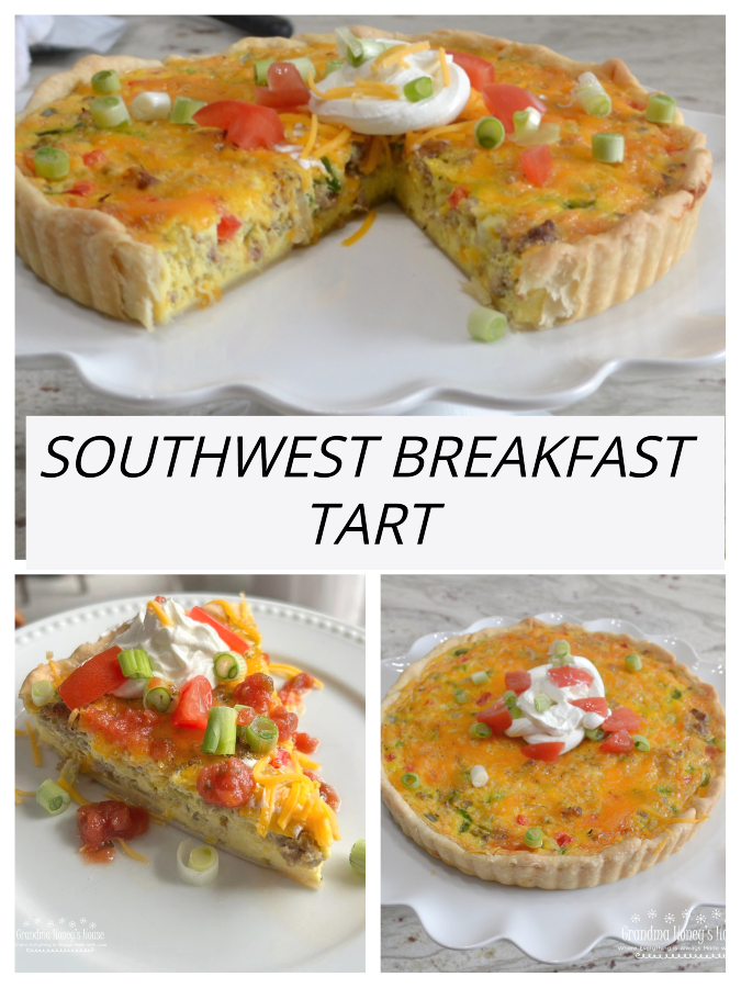 Southwest Breakfast Tart is packed with sausage, peppers, green chiles, cheese, eggs, and baked in a pie crust. It is served with toppings of salsa, sour cream, green onions and diced tomatoes.  