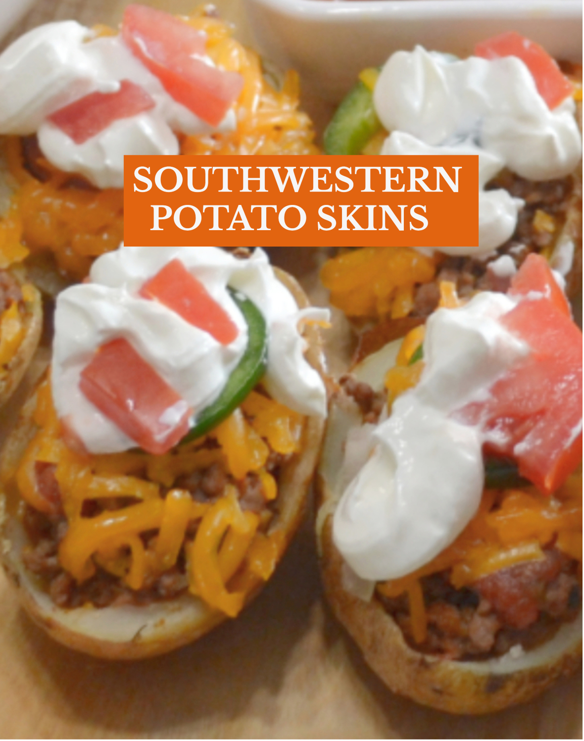 Southwestern Potato Skins are crispy oven baked potato skins loaded with taco meat, cheese, salsa, jalapenos and sour cream.