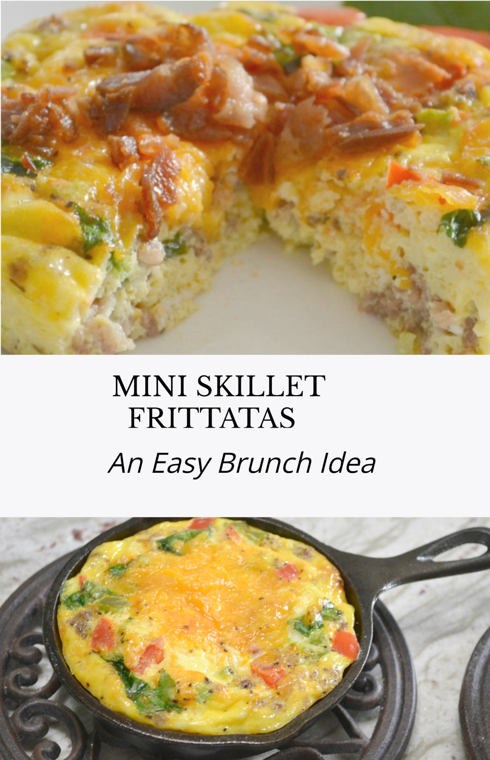 Mini Skillet Frittatas are loaded with bacon ham, sausage, eggs, cheese, and veggies baked in a mini cast iron skillet.