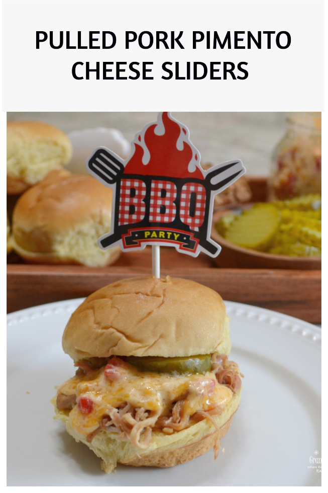 Pulled Pork Pimento Cheese Sliders. Tender, slow cooked pulled pork with warm, melted, spicy pimento cheese and served on a slider bun.