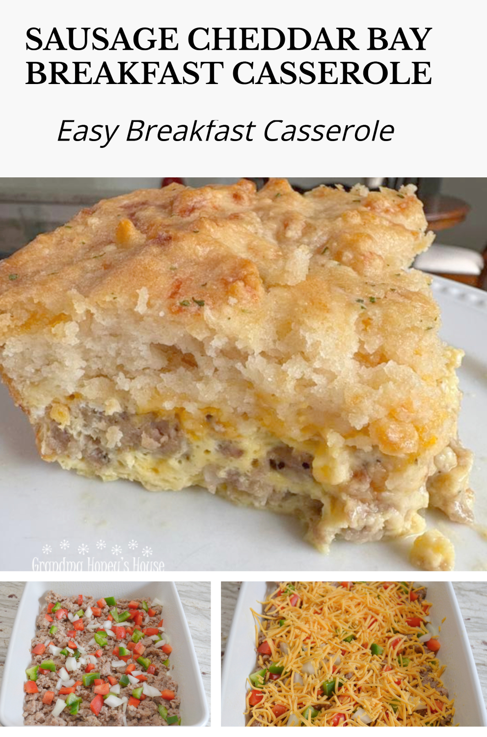 This hearty Sausage Cheddar Bay Breakfast Casserole will&nbsp; become a family favorite, and one to make for special occasions. Loaded with sausage, peppers, onions and cheese, it is covered with a filling of eggs and half and half.&nbsp; Top it all with a box of prepared Cheddar Bay Biscuit Mix and bake.&nbsp;