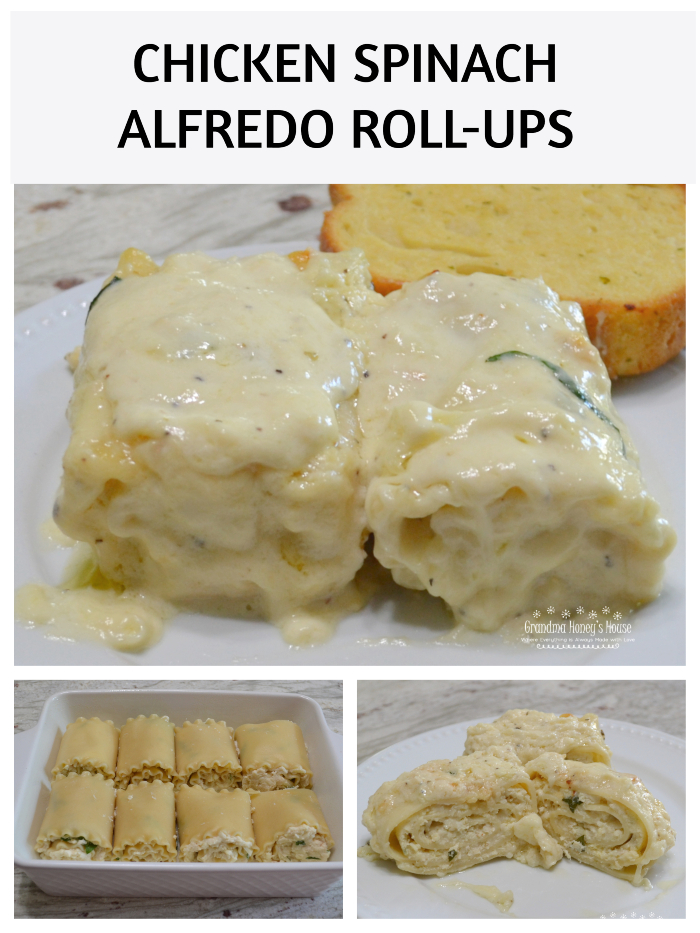 Chicken-Spinach Alfredo Roll-Ups is a comfort food meal you will want to make frequently. A mixture of ricotta, mozzarella and parmesan cheese, egg, baby spinach, and chopped rotisserie chicken are spread on a tender lasagna noodle and then rolled up. They are baked in a homemade alfredo sauce and covered with more cheese.