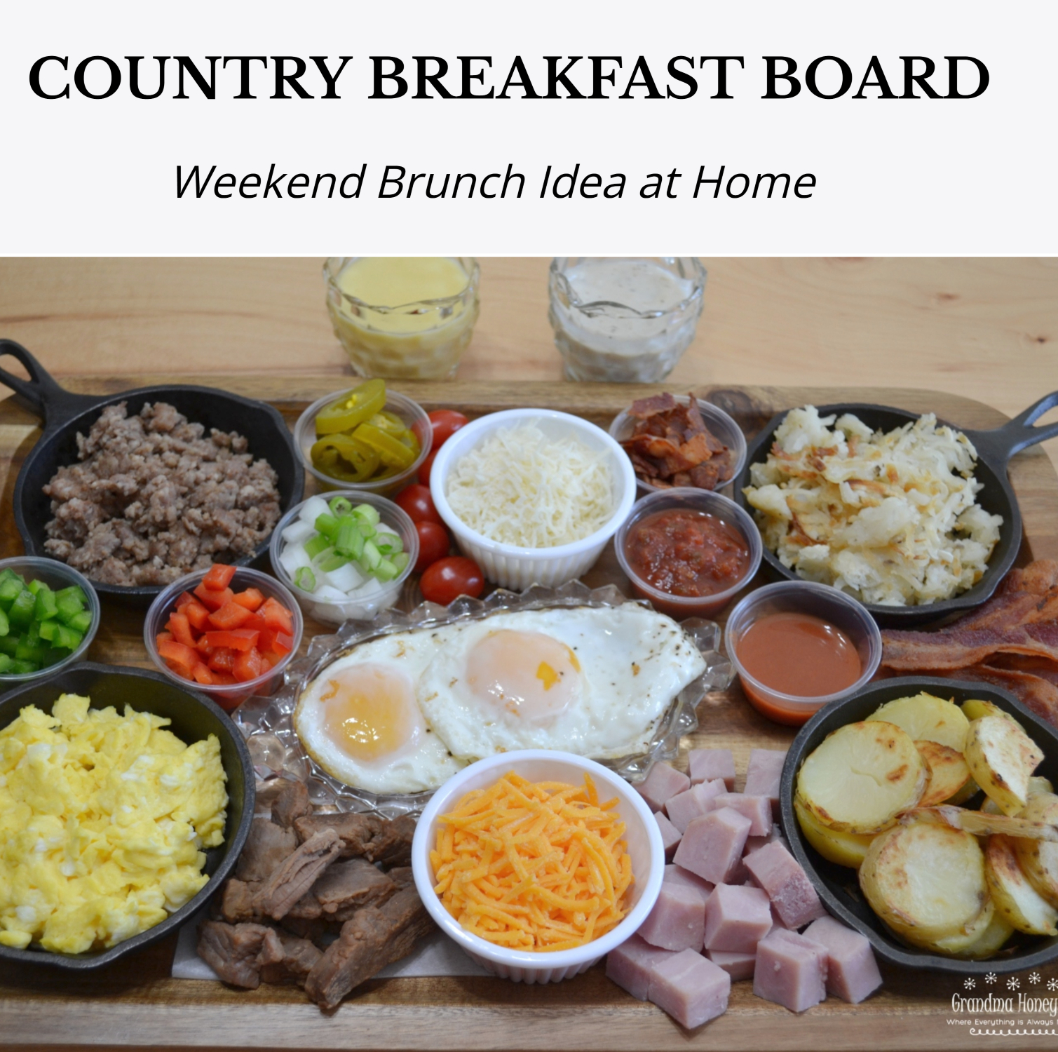 Country Breakfast Bowl Board is loaded with meats,veggies,eggs,toppings,cheeses,and sauces.