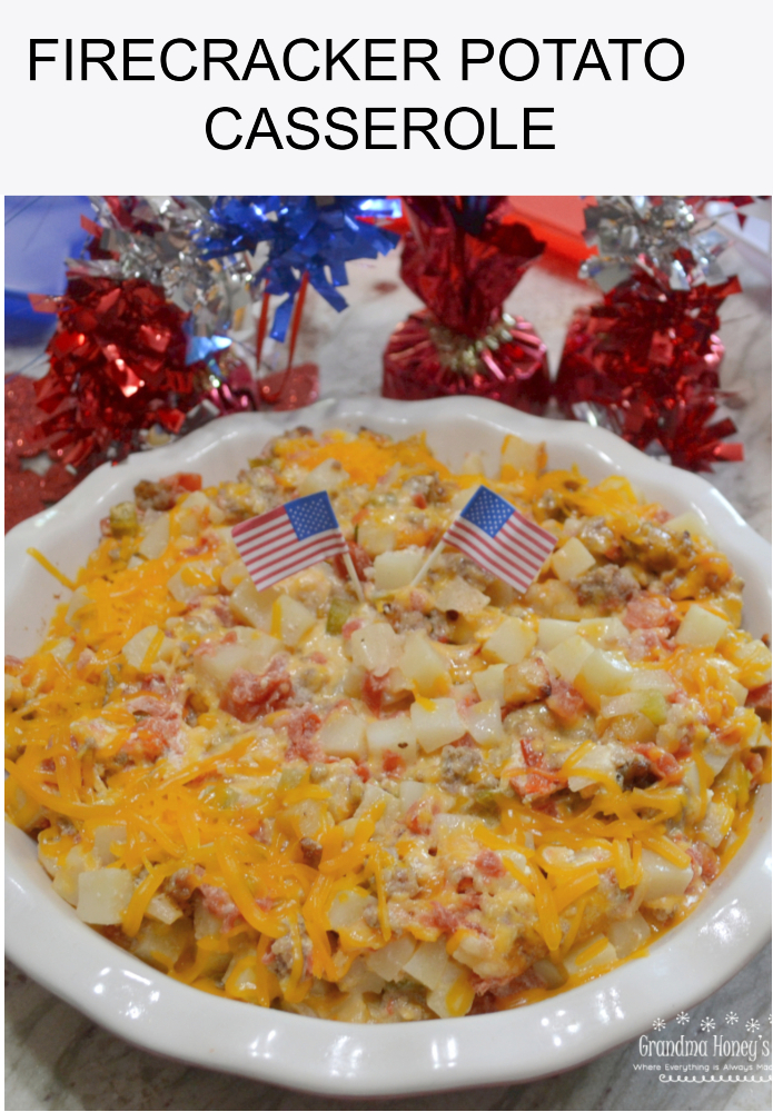 Firecracker Potato Casserole has Frozen Potatoes O Brien,&nbsp; Rotel,&nbsp; spicy sausage, sour cream, butter, jalapenos, and lots of cheese. Perfect for BBQ's.