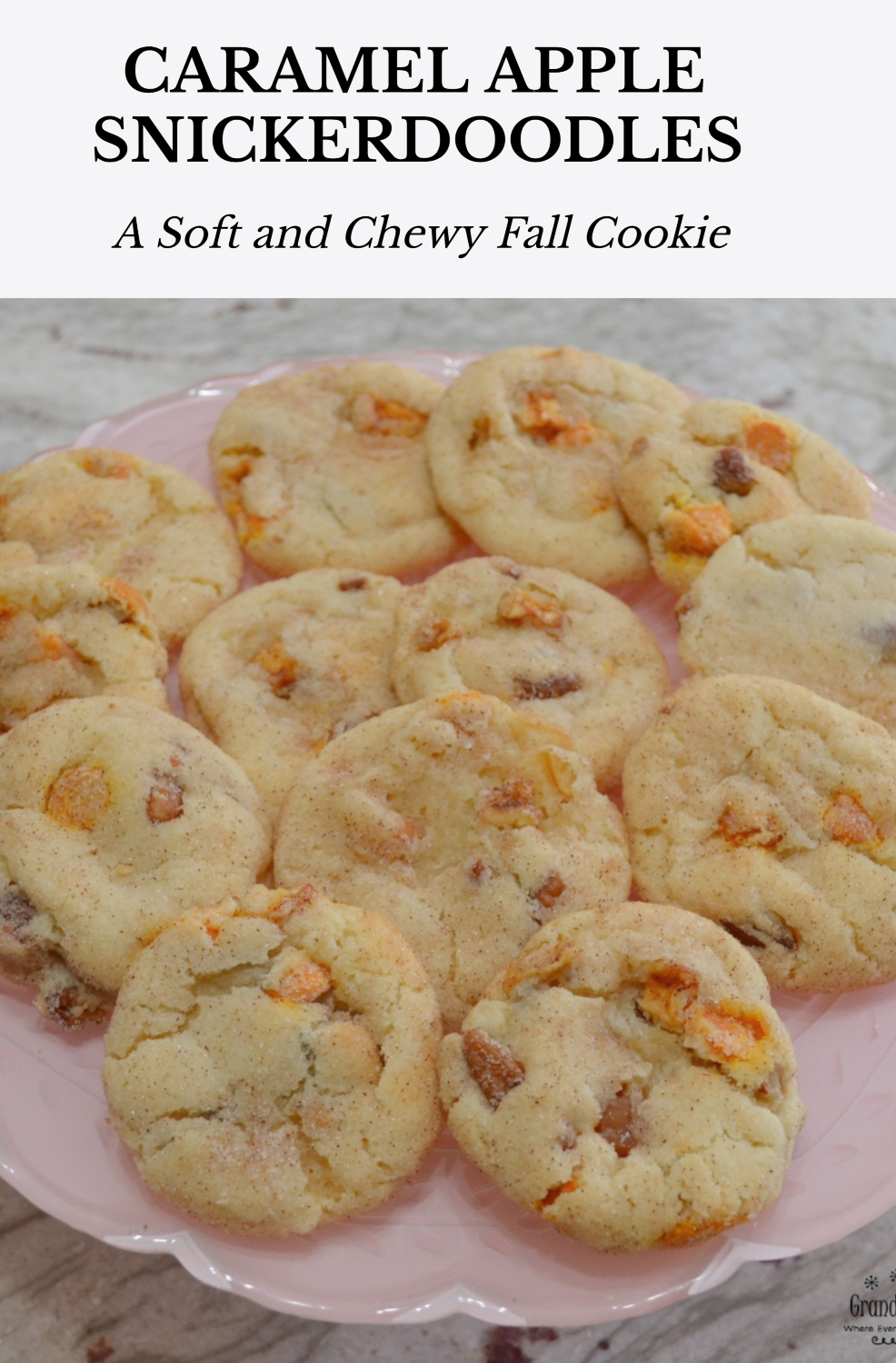 Caramel Apple Snickerdoodles are soft, cinnamon-sugar cookies filled with caramel, fresh apples, and nuts. A delicious fall and holiday cookie that freezes well.
