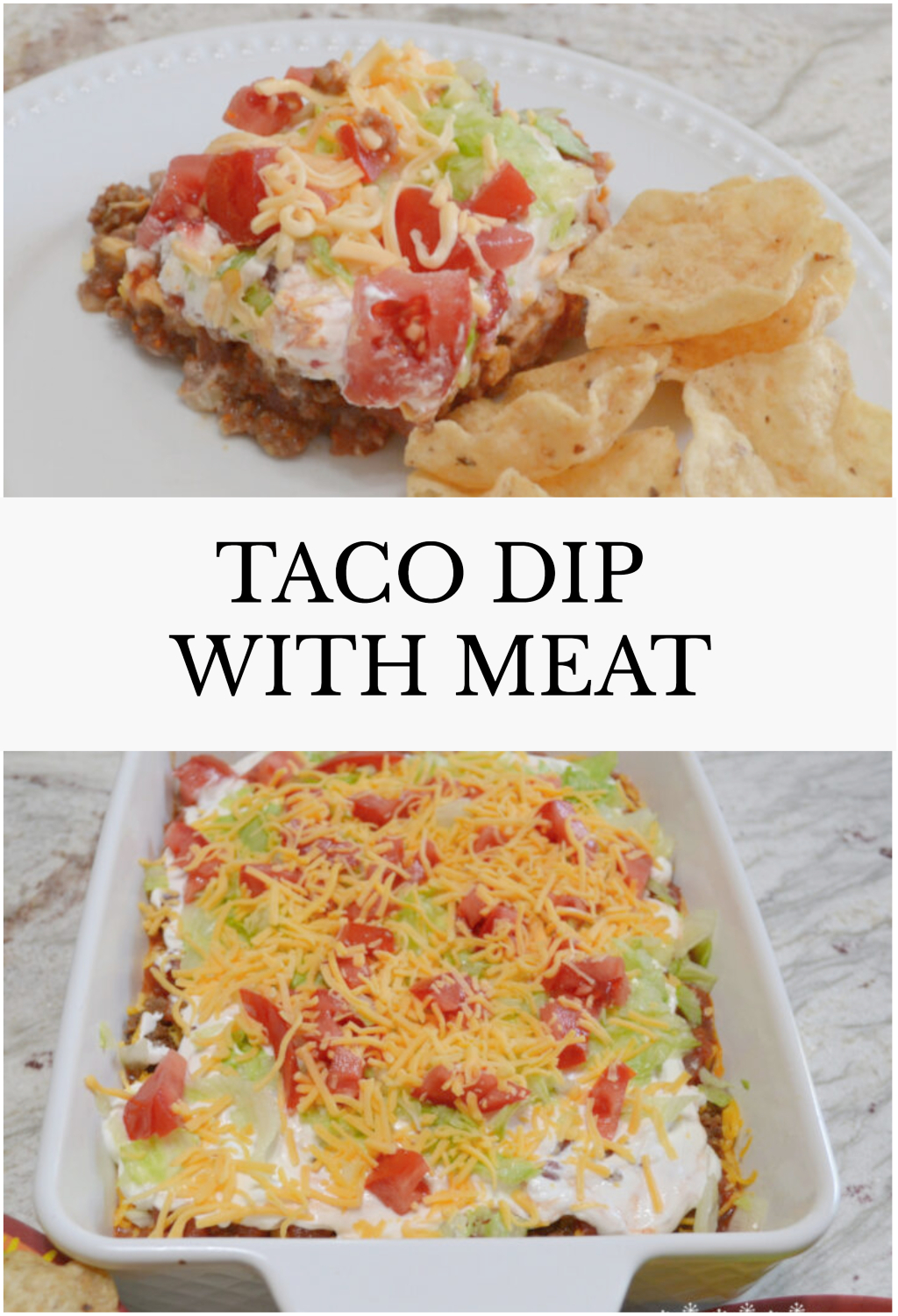 Taco Dip with meat is the ultimate party appetizer, featuring layers of refried beans, seasoned meat, melted cheese, tangy salsa, creamy sour cream, fresh lettuce, and juicy tomatoes.