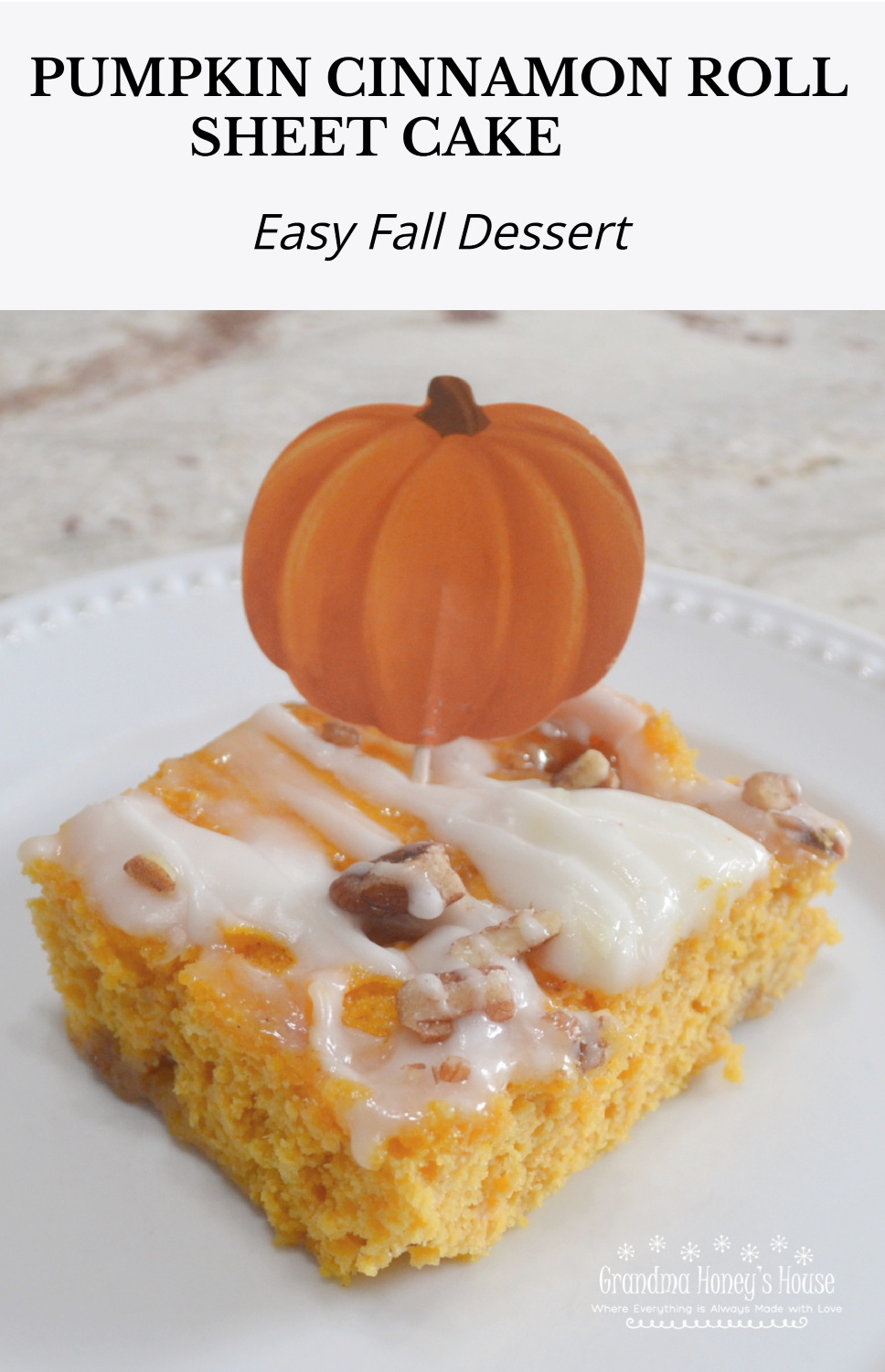 Pumpkin Cinnamon Roll Sheet Cake is perfect to serve at Thanksgiving, a cake mix batter that is swirled with a buttery cinnamon sugar filling, baked and topped with a mascarpone glaze and chopped pecans. 