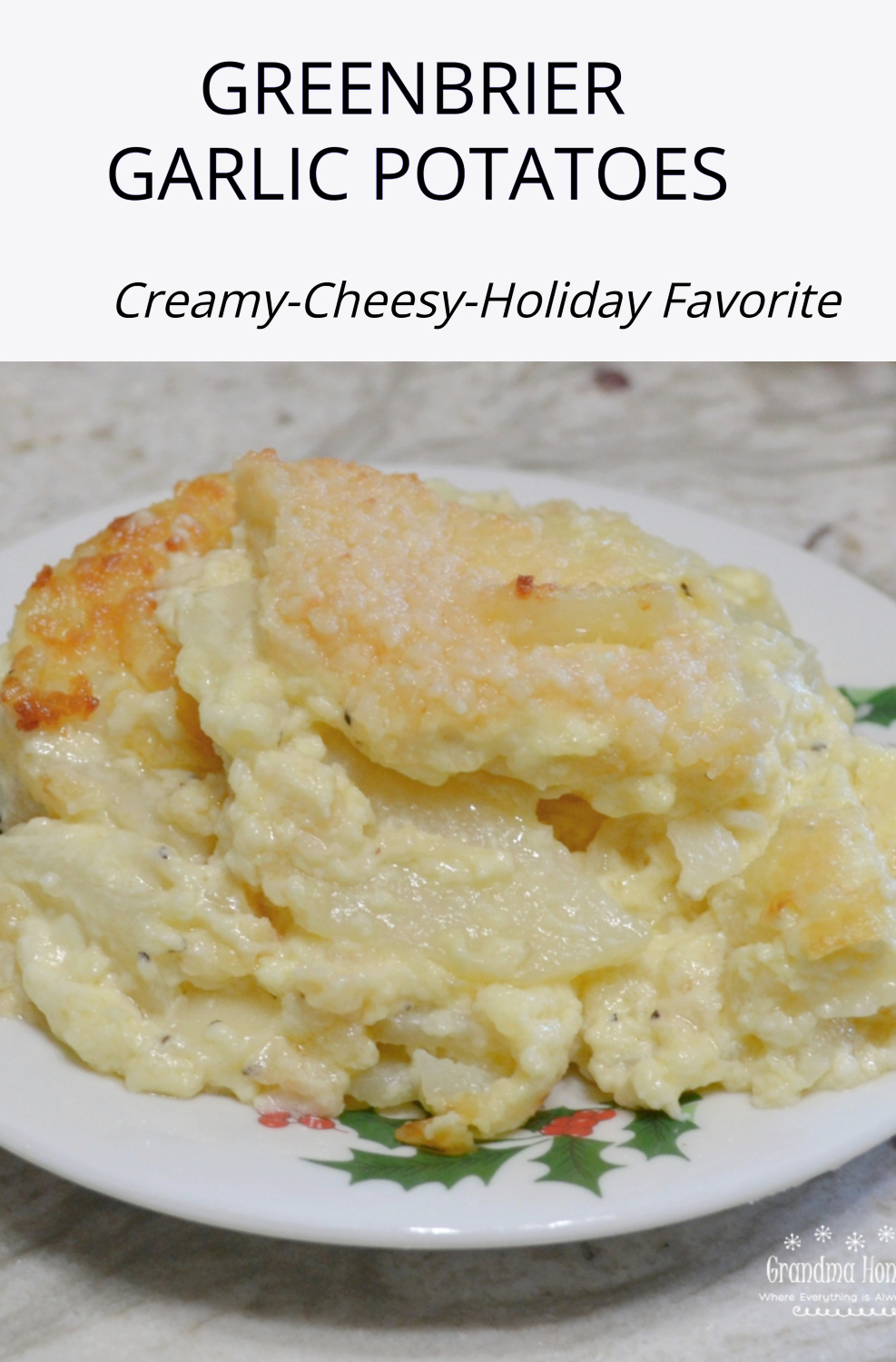Greenbrier Garlic Potatoes are thinly sliced potatoes simmered in heavy cream, with fresh garlic, seasonings, eggs, and fresh parmesan cheese. They are then baked in this creamy sauce.
