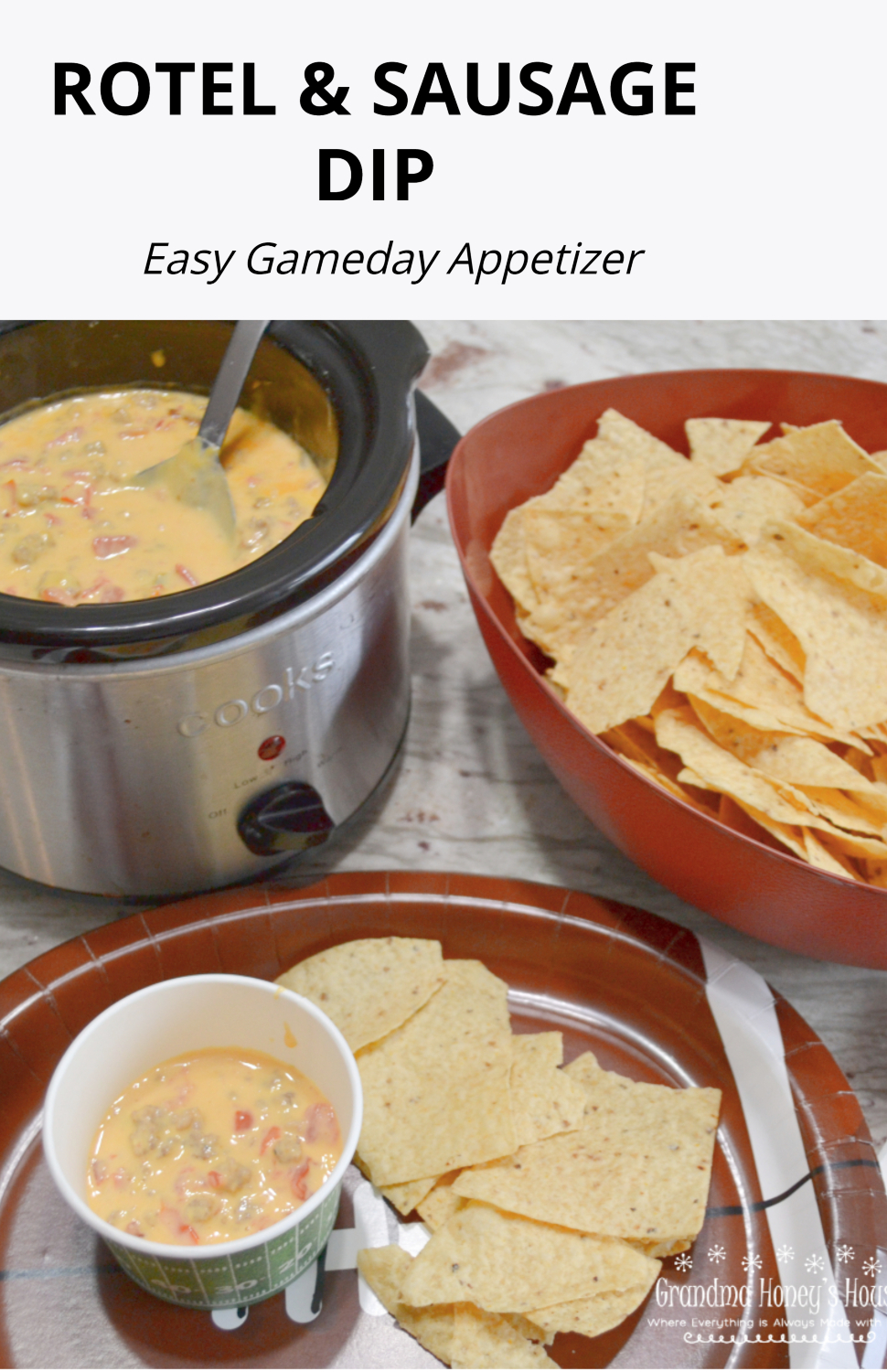 Rotel and Sausage Dip made with only 3 ingredients, is one of the most popular dips to serve at any party.&nbsp; A spicy, cheesy dip with pieces of sausage and served with Scoops or Tortillas can be made in a crockpot or on the stovetop.&nbsp;