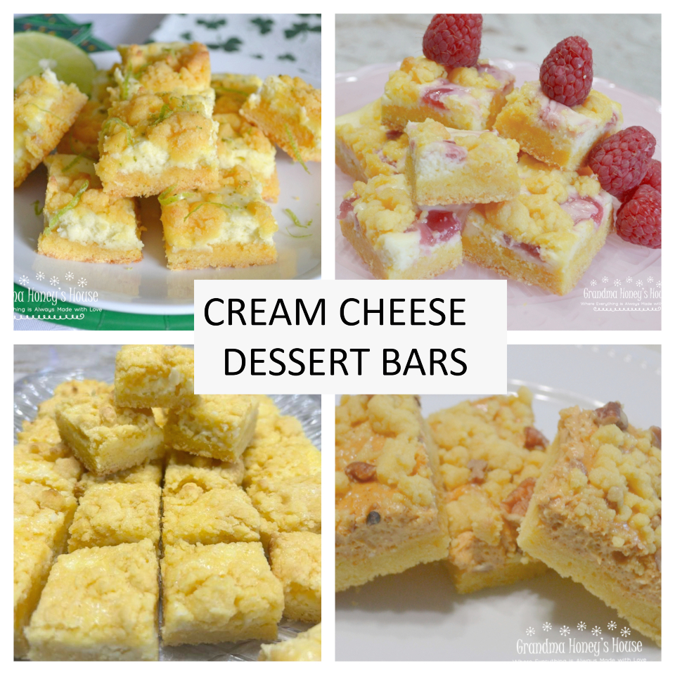 A collection of Cream Cheese Dessert Bars, easy recipes with a cake mix crust, creamy filling, and crumble topping. 