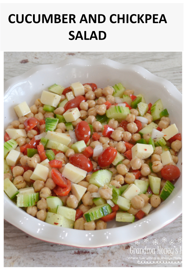 Cucumber and Chickpea Salad is a colorful and easy to make summer salad or side dish made with chickpeas, cucumbers, tomatoes, peppers, onions and provolone cheese. It is drizzled with a tangy dressing and chilled.&nbsp;