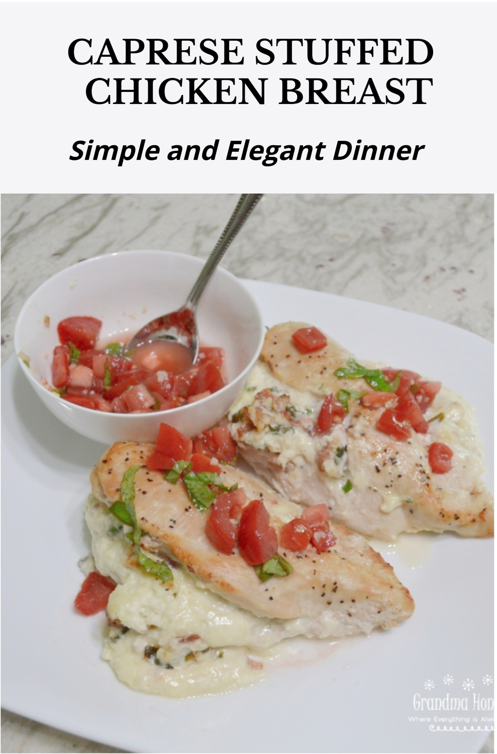 This Stuffed Caprese Chicken Breast is filled with a creamy blend of cheeses, bacon, and spinach, then baked to perfection and topped with fresh tomato basil topping. Perfect for weeknight dinners or guests