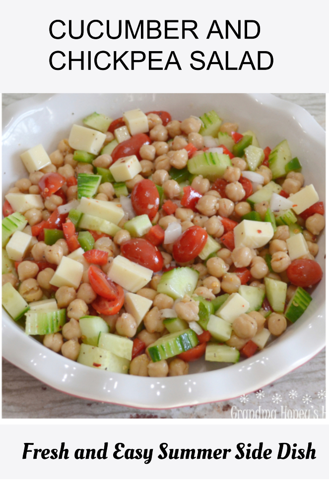 Cucumber and Chickpea Salad is a colorful and easy to make summer salad or side dish made with chickpeas, cucumbers, tomatoes, peppers, onions and provolone cheese. It is drizzled with a tangy dressing and chilled.&nbsp;