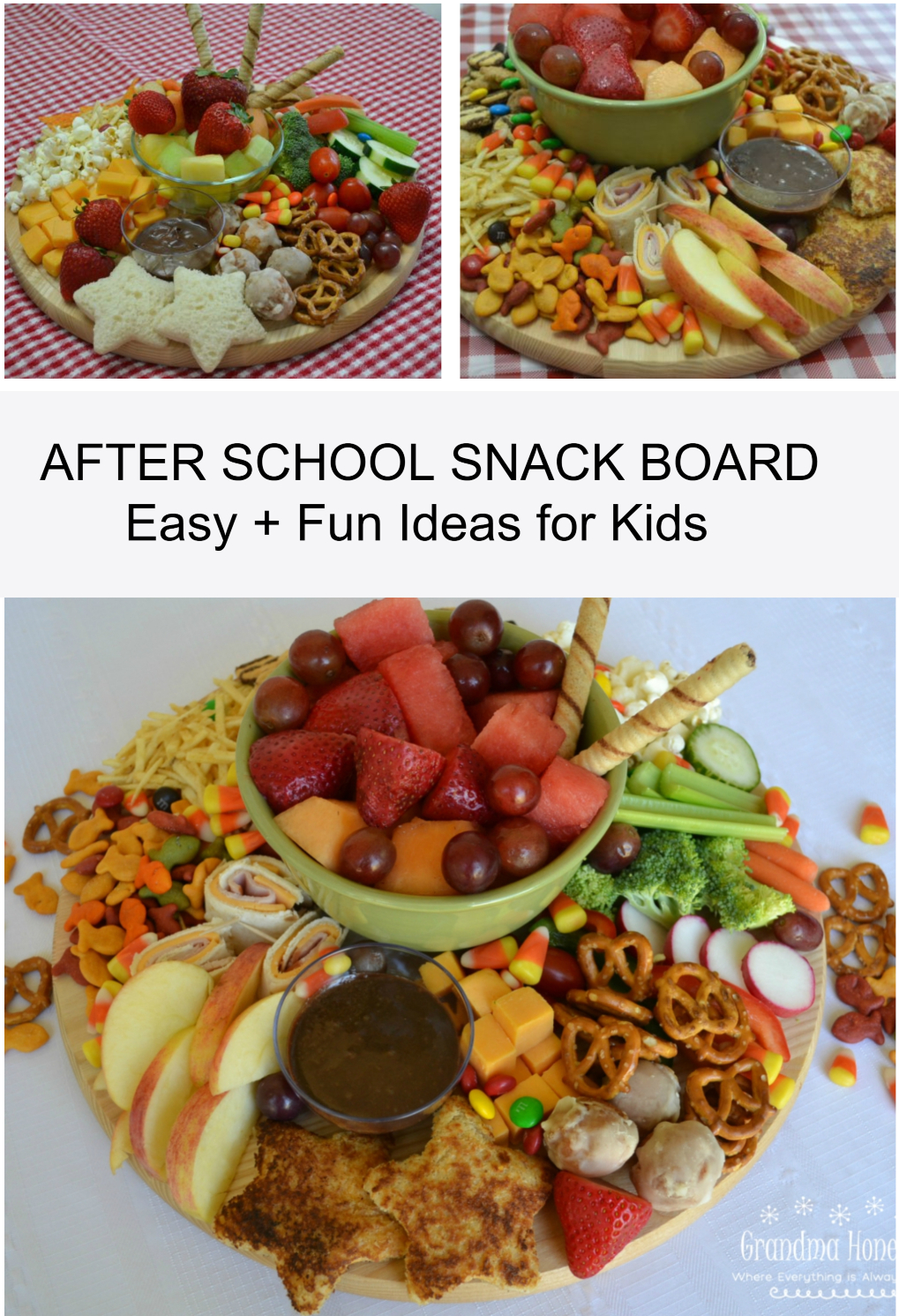 This After School Snack Board is a fun collection of treats for your kids. The board is packed with fruits, veggies, cheese, and sweet treats.