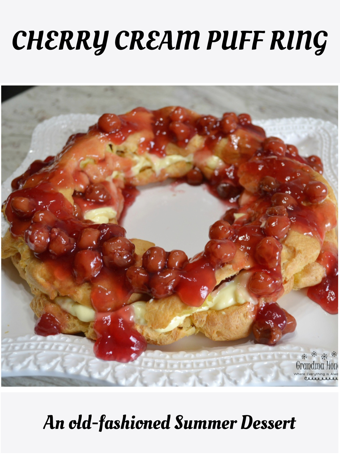 Cherry Cream Puff Ring Inspired by a cherished family recipe, this cream puff ring is made with a light, airy pastry and filled with a creamy pudding mixture, then topped with sweet cherry pie filling. It's a stunning dessert that looks impressive on any table but is surprisingly simple to make.