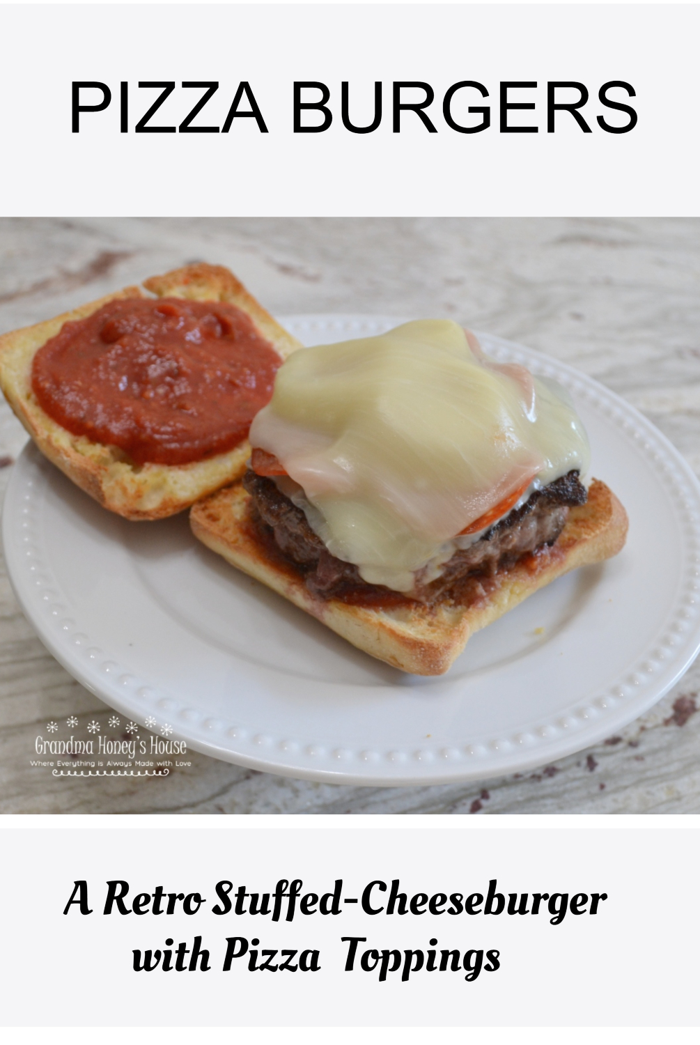 Pizza Burgers are seasoned ground beef patties, layered with mozzarella cheese, pepperoni, veggies, and topped with spoonfuls of warm pizza sauce. Serve on a garlic butter toasted bun.