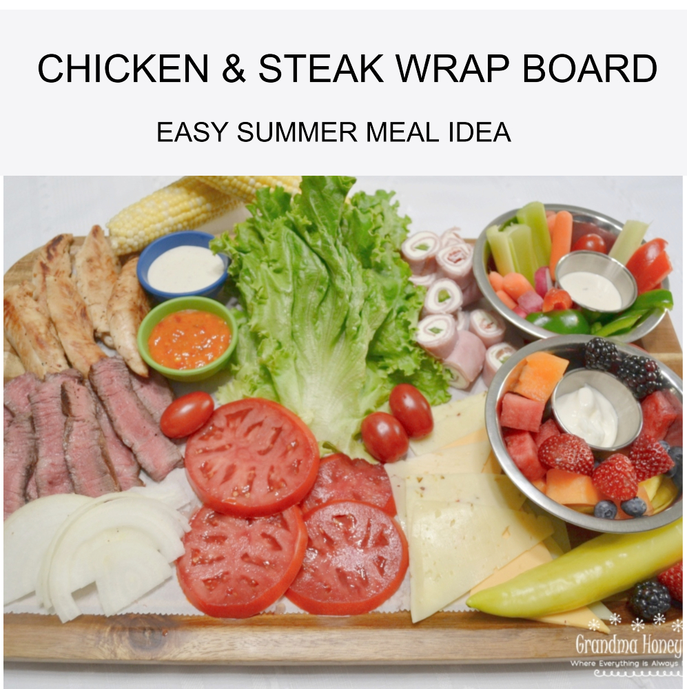 Chicken and steak wrap board with fresh veggies, fruit, and dips. An easy, customizable summer meal perfect for family dinners or casual gatherings.
