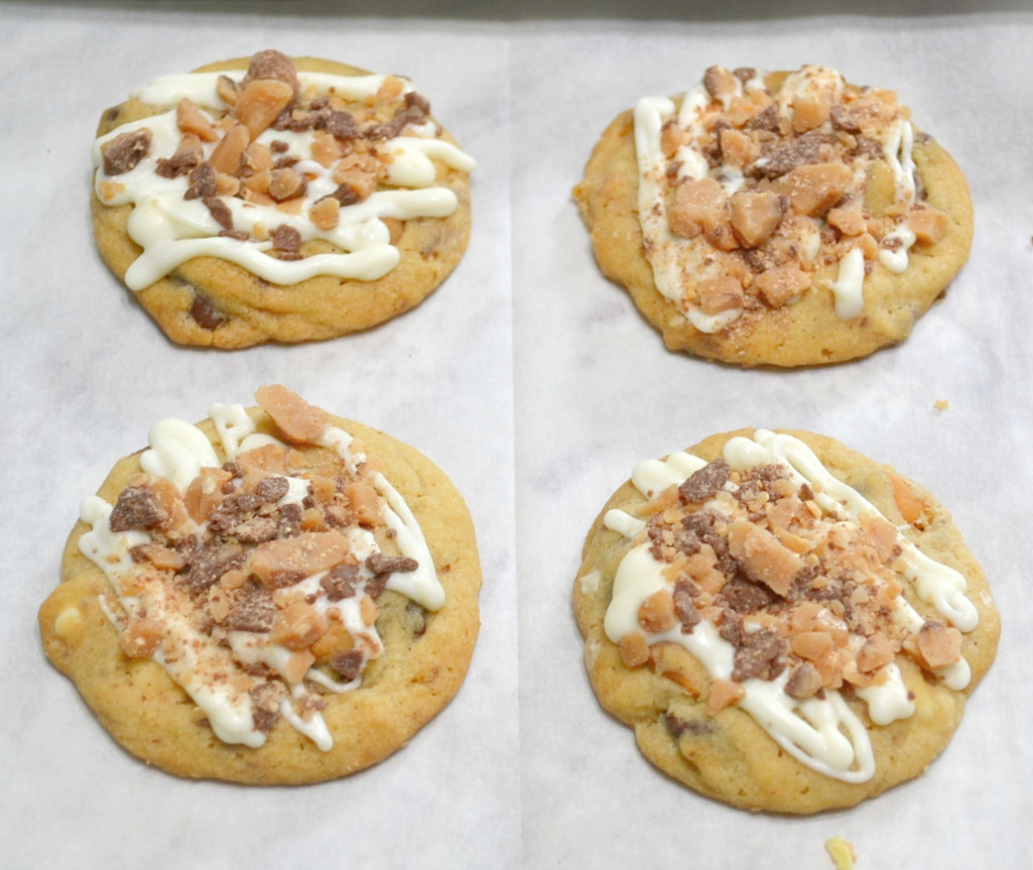 Butterscotch Toffee Chocolate Chip cookies are packed with butterscotch, milk choc, white choc chips and toffee bits.