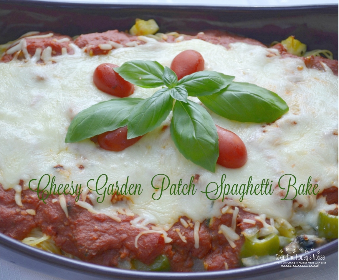 Cheesy Garden Patch Spaghetti bake is loaded with veggies, sauce, pasta and cheese.